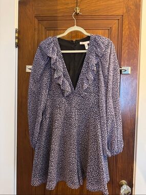 Floral Ruffle V-Neck Long Sleeve Romper Dress - Purple